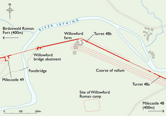 Map of Willowford Wall, turrets and bridge abutment