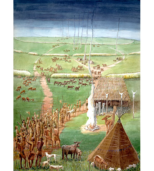 A reconstruction painting of a burial ceremony at the rectangular enclosure