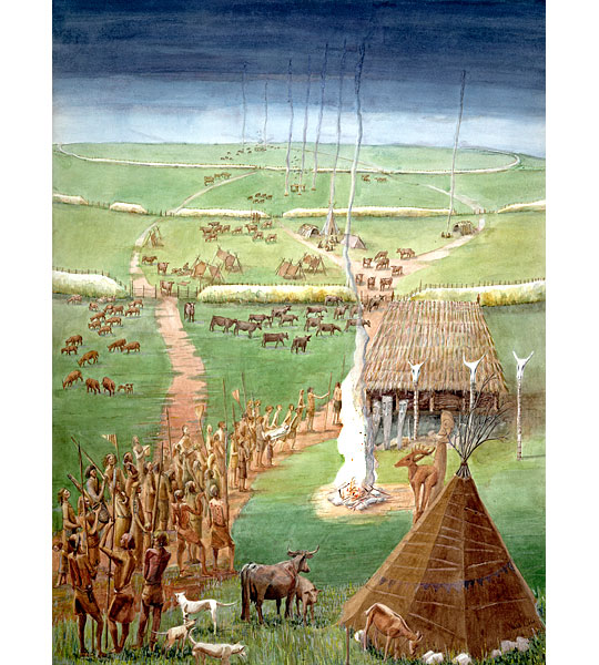 A reconstruction painting of a burial ceremony at the rectangular enclosure A reconstruction painting of a burial ceremony at the rectangular enclosure