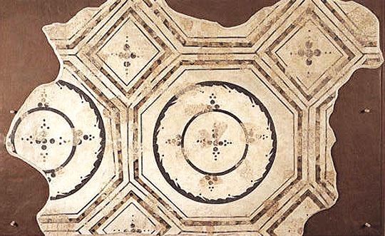 The entrance to the hot room in the public baths at Wroxeter Roman city was decorated with this fine plaster ceiling featuring geometric designs