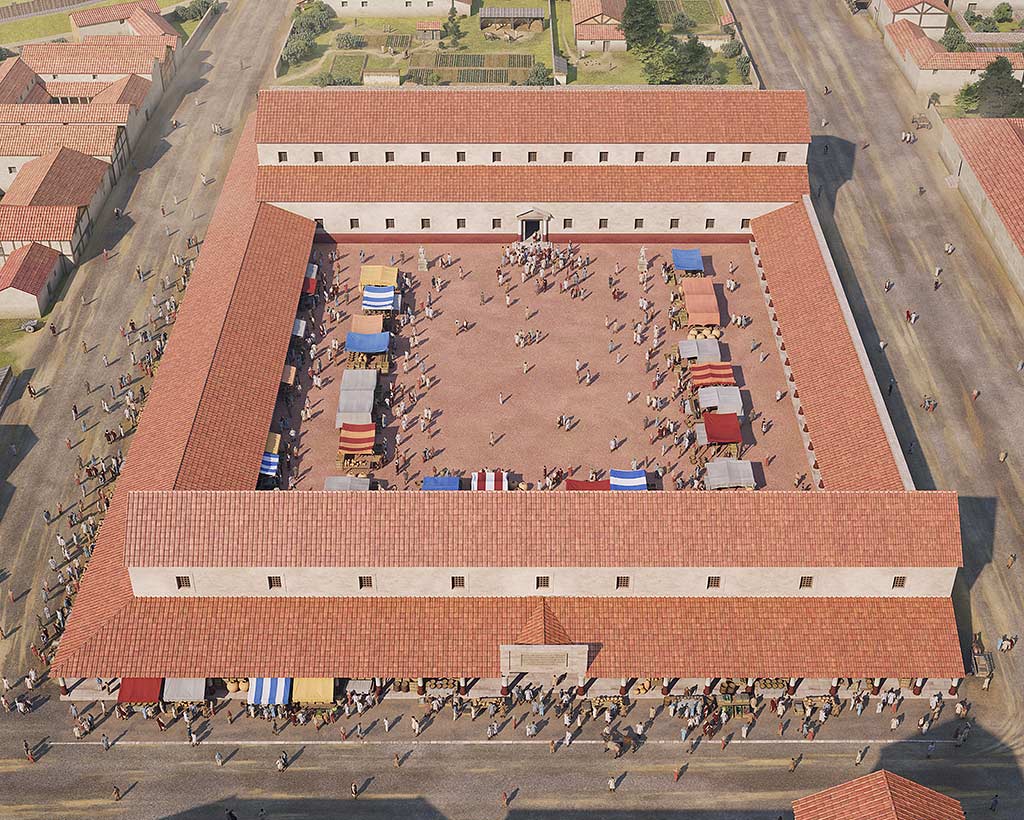 A bird’s-eye reconstruction of Wroxeter’s bustling forum on market day: ranges of buildings surround an open rectangular area filled with people and market stalls