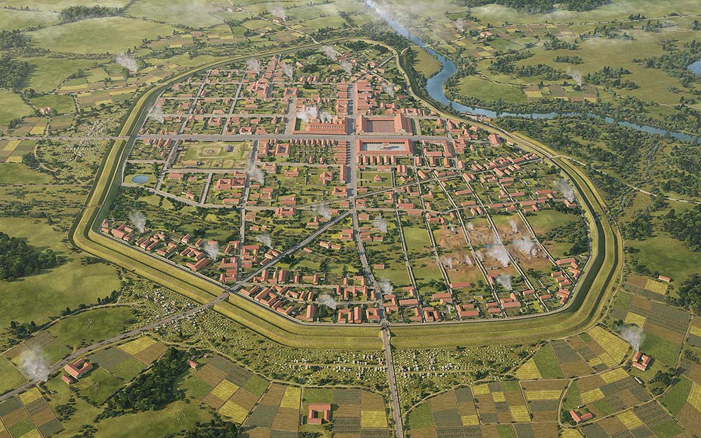 This artist’s impression shows the Roman city of Wroxeter as it may have appeared at the end of the 2nd century, with man streets and houses 
