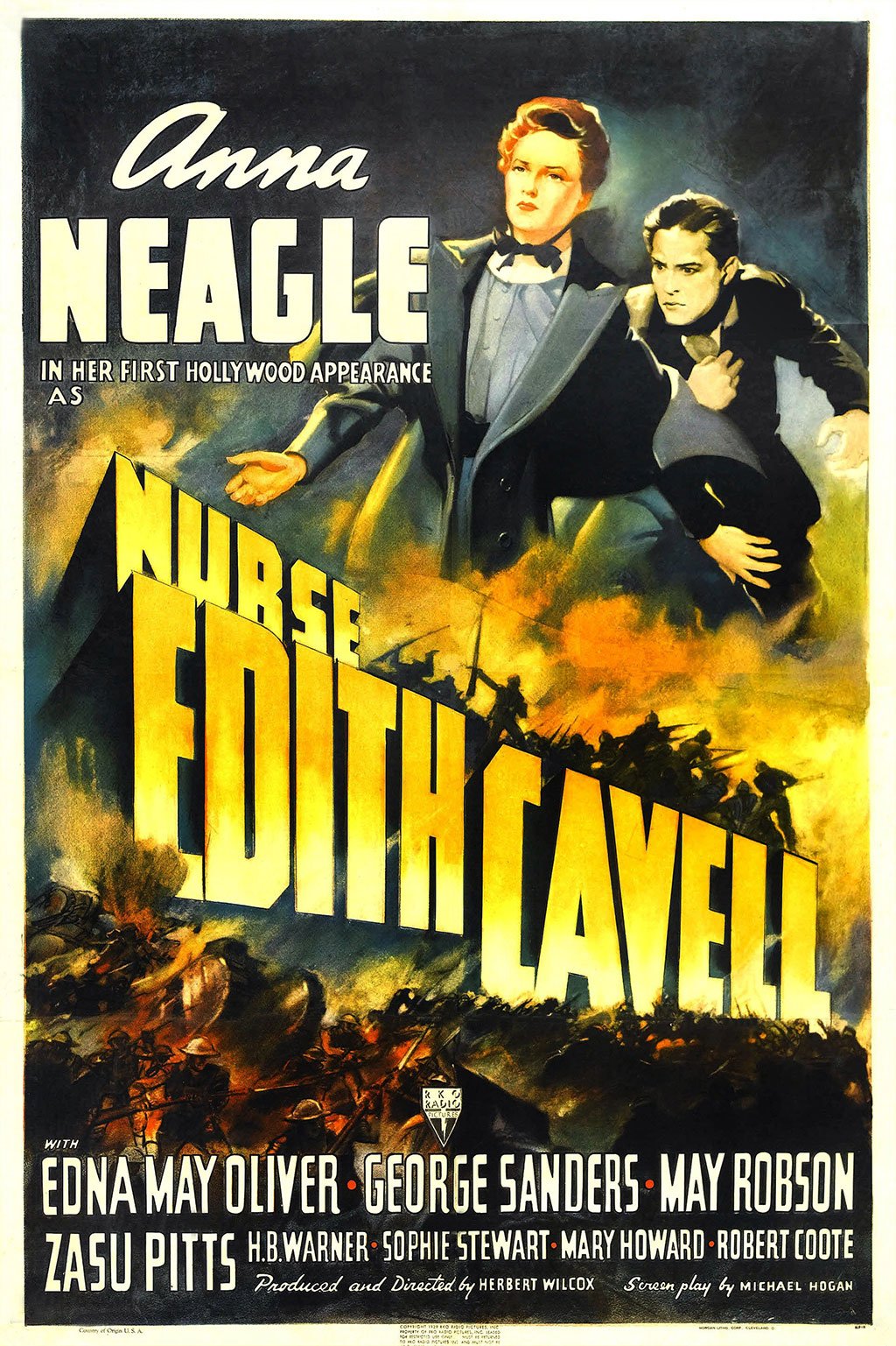 A dynamic, illustrated colour poster, with a battlefield and fire in the background, for Nurse Edith Cavell starring Anna Neagle