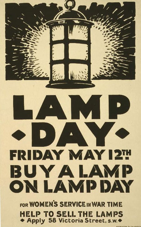 A poster from the First World War, published in 1916. It advertises Lamp Day, May 12, when citizens were asked to purchase a lamp for women’s service in war time