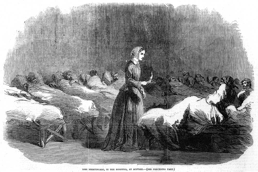 Nightingale going around the wards at Scutari Hospital. This image was printed in the Illustrated London News, 24 February 1855