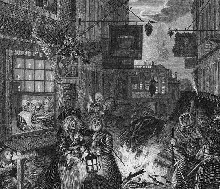 A copy after William Hogarth, 1738, depicting a street scene near Charing Cross with Le Sueur's statue of Charles I in the distance. Bonfires have been lit in celebration of Restoration Day (29 May) when Charles II was restored to the throne in 1660