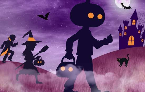 Illustration of the silhouettes of three people dressed in Halloween costumes walking across a field with a castle in the background Illustration of the silhouettes of three people dressed in Halloween costumes walking across a field with a castle in the background