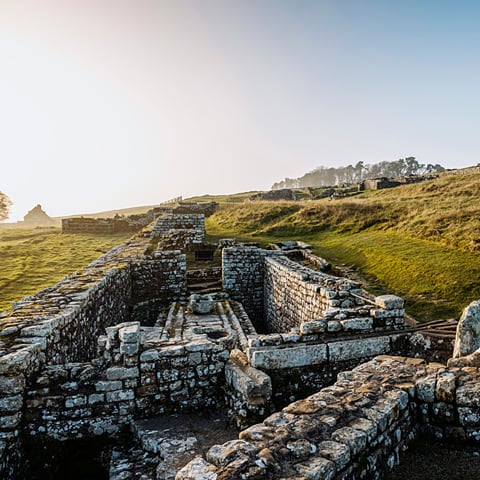 A view of Housesteads Roman Fort stone walls at Hadrian's Wall.