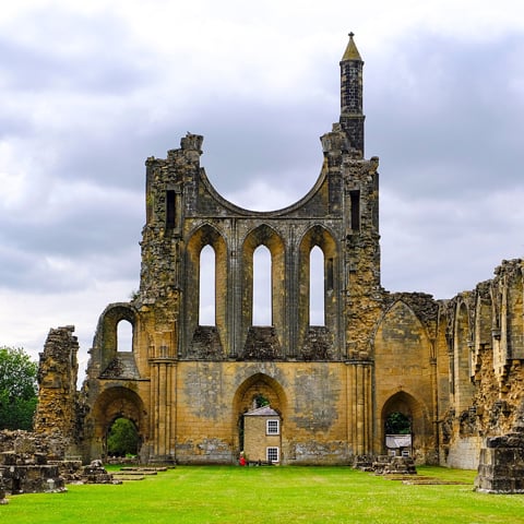 A view of the ruins of Byland Abbey underneath a cloudy sky.