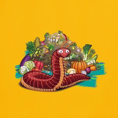 An illustration of a millipede on a yellow background with a compost heap of vegetables.