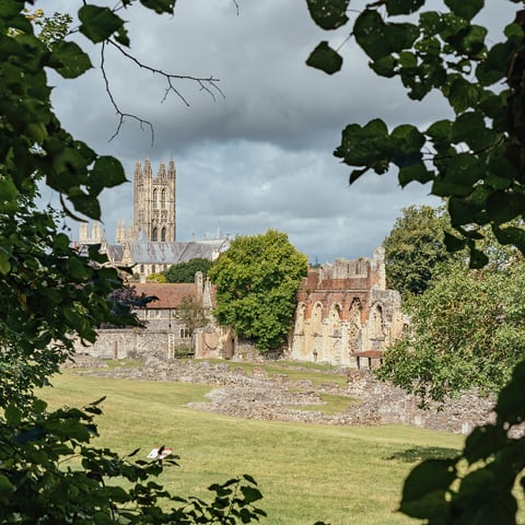 A view of St Augustine's Abbey through the tree leaves.