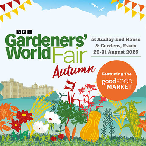 Image: Illustration of Audley End House and some fruit and veg with the copy: BBC Gardeners' World Autumn Fair at Audley End House and Gardens, 29-31 August 2025
