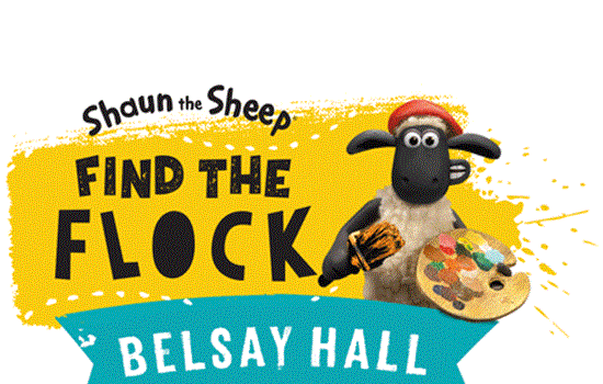 An illustrated logo for ‘Shaun the Sheep: Find the Flock’ at Belsay Hall. The graphic shows ‘Shaun the Sheep’ holding a paintbrush and artist’s palette, with yellow paint splashes behind the text. An illustrated logo for ‘Shaun the Sheep: Find the Flock’ at Belsay Hall. The graphic shows ‘Shaun the Sheep’ holding a paintbrush and artist’s palette, with yellow paint splashes behind the text.