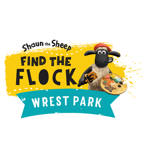 An illustrated logo for ‘Shaun the Sheep: Find the Flock’ at Wrest Park. The graphic shows ‘Shaun the Sheep’ holding a paintbrush and artist’s palette, with yellow paint splashes behind the text.