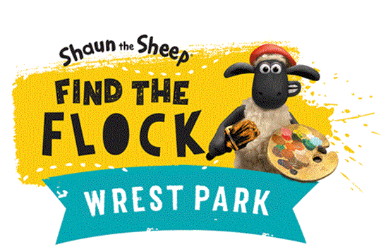 An illustrated logo for ‘Shaun the Sheep: Find the Flock’ at Wrest Park. The graphic shows ‘Shaun the Sheep’ holding a paintbrush and artist’s palette, with yellow paint splashes behind the text. An illustrated logo for ‘Shaun the Sheep: Find the Flock’ at Wrest Park. The graphic shows ‘Shaun the Sheep’ holding a paintbrush and artist’s palette, with yellow paint splashes behind the text.
