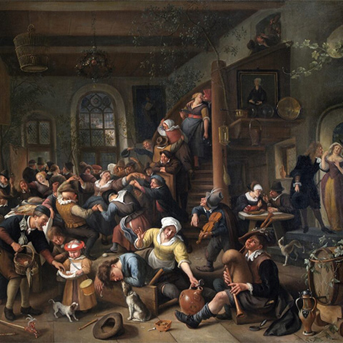 Image: painting called the Egg Dance (by Jan Steen) where men, women and children dance and make merry in a hall