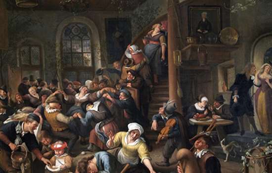 Image: painting called the Egg Dance (by Jan Steen) where men, women and children dance and make merry in a hall Image: painting called the Egg Dance (by Jan Steen) where men, women and children dance and make merry in a hall
