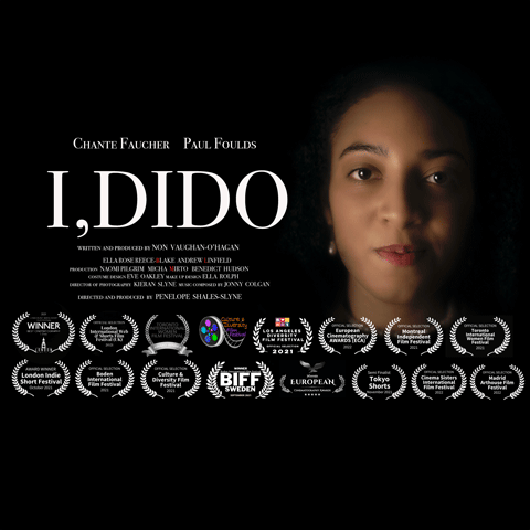 A film poster on a black background, titled 'I, Didio' in a white bold font. On the right, there is a close-up photograph of a young woman with pearl earrings. There is capitalised white text highlighting the cast and crew. 