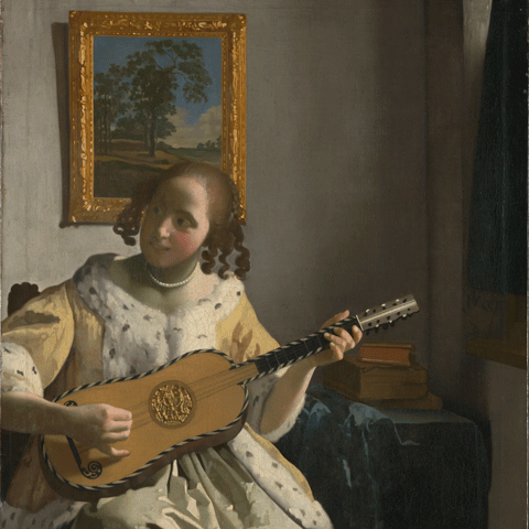A painting of a woman sitting and playing a guitar, surrounded by vibrant colors and musical notes.
