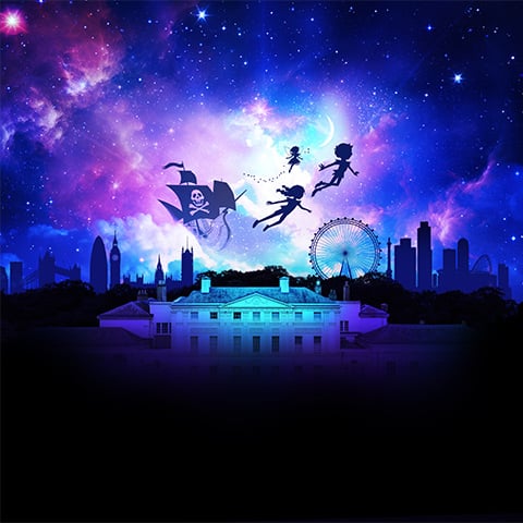 Illustration of a silhouetted Peter Pan, Wendy, Tinkerbell and pirate ship in front of Kenwood and the London skyline