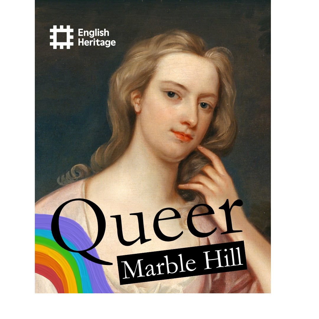 A portrait of a woman with text overlayed that reads 'Queer Marble Hill' in black. The English Heritage logo is positioned at the top right hand of the image in white.