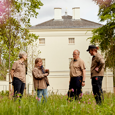 Four gardeners stand talking with the Georgian villa of Marble Hill behind