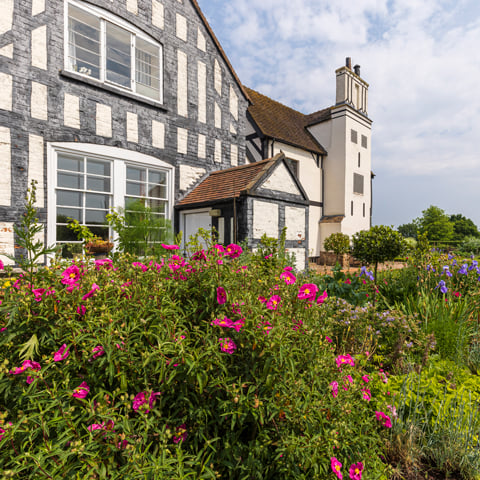 The black and white timber-framed Boscobel House with pink flowers in the garden in the foreground.