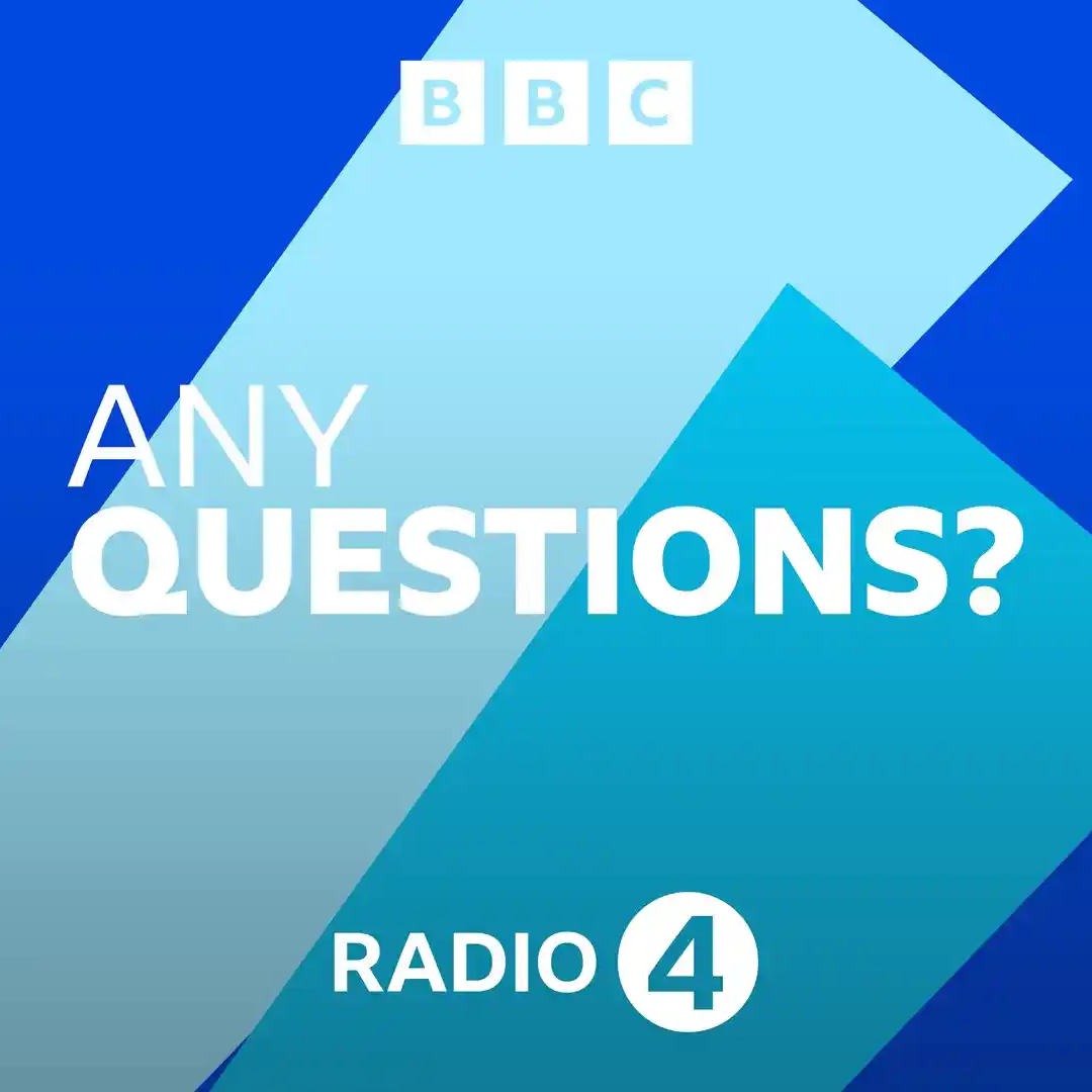 BBC Radio 4 “Any Questions?” programme logo, featuring white text on a light and darkblue gradient geometric background.