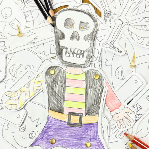 A colourful drawing of a human skeleton on a white paper background with coloured pencils at the side of the drawing. A colourful drawing of a human skeleton on a white paper background with coloured pencils at the side of the drawing.