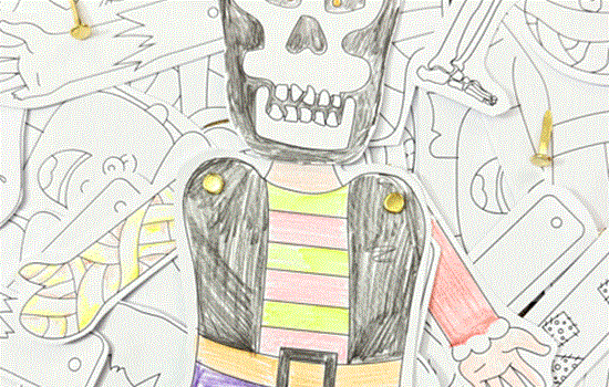 A colourful drawing of a human skeleton on a white paper background with coloured pencils at the side of the drawing. A colourful drawing of a human skeleton on a white paper background with coloured pencils at the side of the drawing.