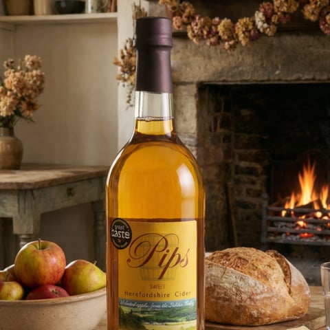 A glass bottle of sweet cider, with a label reading 'Pips' on a wooden table in front of a fireplace.