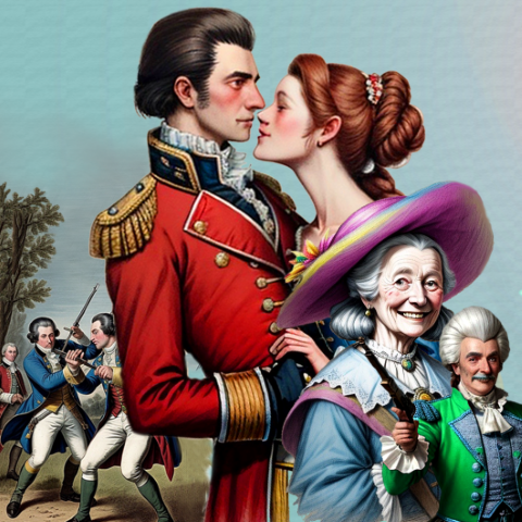 An animated illustration featuring several characters in 18th century clothing. In the center of the image, there is a man and a woman embracing. There are soldiers fighting in the background.
