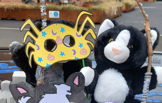 Two toy cats are surrounded by colourful Halloween themed masks outside of Shrewsbury Flaxmill Maltings. Two toy cats are surrounded by colourful Halloween themed masks outside of Shrewsbury Flaxmill Maltings.