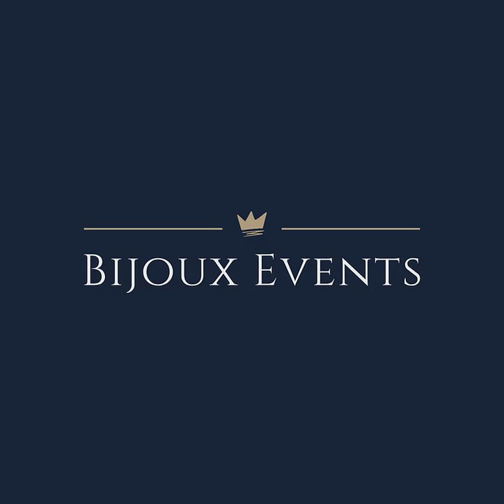 'Bijoux Events' logo in white text on a navy blue background. There is an illustration of a gold crown above the text. 'Bijoux Events' logo in white text on a navy blue background. There is an illustration of a gold crown above the text.