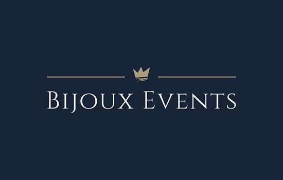 'Bijoux Events' logo in white text on a navy blue background. There is an illustration of a gold crown above the text. 'Bijoux Events' logo in white text on a navy blue background. There is an illustration of a gold crown above the text.