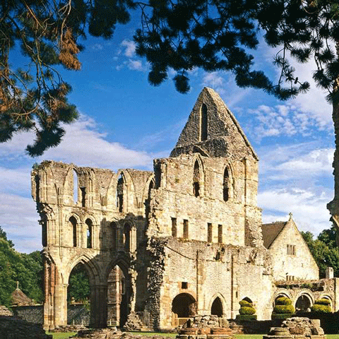 The remains of a large ruined abbey underneath blue sky.