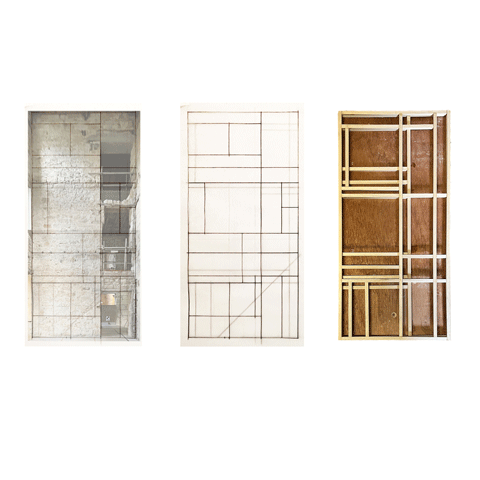 Three different versions of an architectural drawings of a building floor plan.