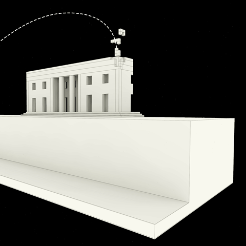 A digital model of a building with columns on a black background.