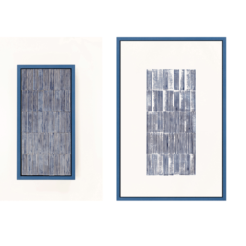 Two blue frames on a white background filled with a dark grey pattern.