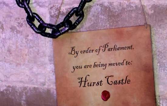 A dark iron chain hangs next to a card against a bleak stone background. The card reads - By order of Parliament, you are being moved to: Hurst Castle. A dark iron chain hangs next to a card against a bleak stone background. The card reads - By order of Parliament, you are being moved to: Hurst Castle.
