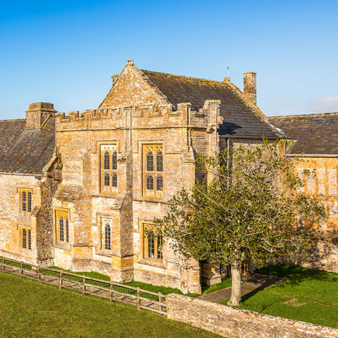 A view of the medieval building at Muchelney Abbey, golden in the sun