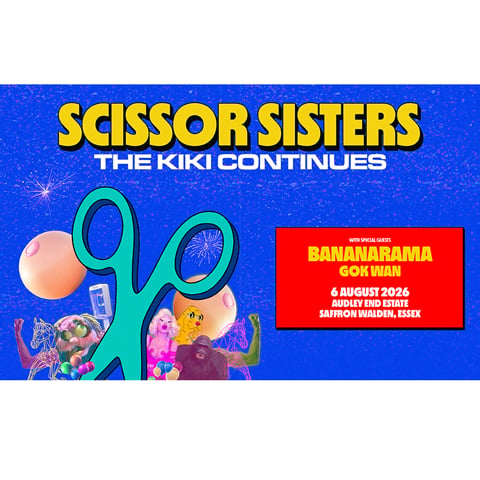 A promotional graphic on a blue background advertising Scissor Sisters at Audley End on Thursday 6 August. 