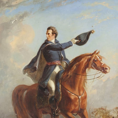 A painting of Napoleon on horseback.