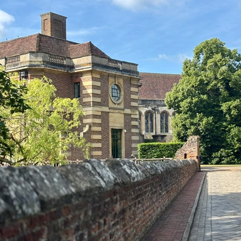 A view of the 20th century extension of Eltham Palace from the moat bridge.