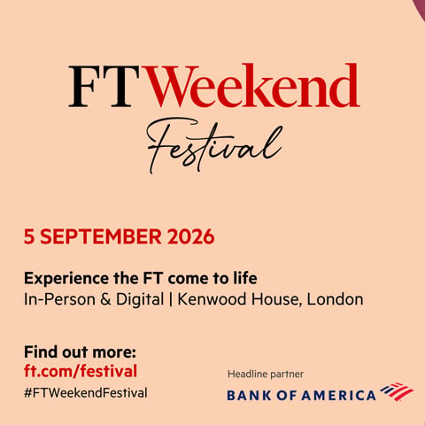 A promotional graphic on a peach coloured background showcasing the details of The Financial Times Weekend Festival on 5 September 2026.