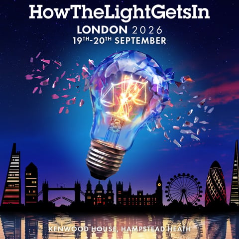 A promotional graphic for HowTheLightGetsIn Festival picturing an illustration of London's skyline at night.