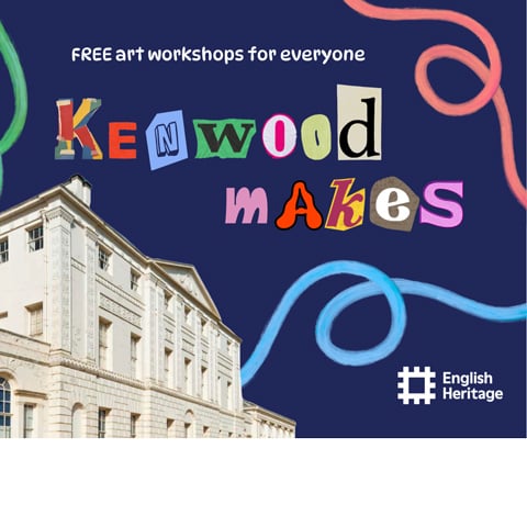 A graphic on a navy blue background with an image of Kenwood House on the left hand side. The graphic reads 'Kenwood Makes' in colourful collage font.