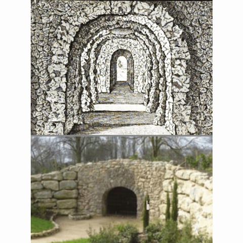 A side by side image of an illustration of a stone grotto, by a photograph of it in situ.