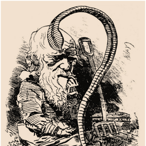 An abstract illustration of Charles Darwin and a large worm. 