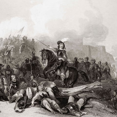 A black and white illustration of the Storming of Bristol depicting King Charles I on horseback surrounded by his army.